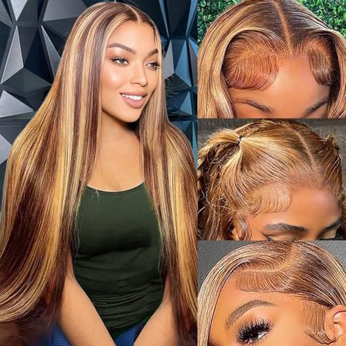 kocorose 30 Inch Honey Blonde 13x6 Hd Lace Frontal Wig Human Hair 200% Density 13x6 Straight Ombre Lace Front Wigs Human Hair Highlight Honey Blonde Wig Pre Plucked with Baby Hair for Women