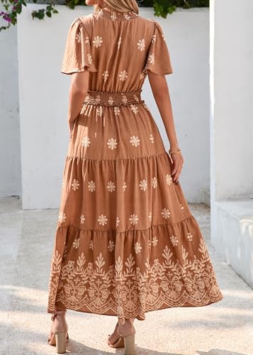 KIRUNDO Maxi Dresses for Women 2025 Floral Short Sleeve Spring Summer Smocked Waist Round Neck Flowy Beach Vacation Dress2