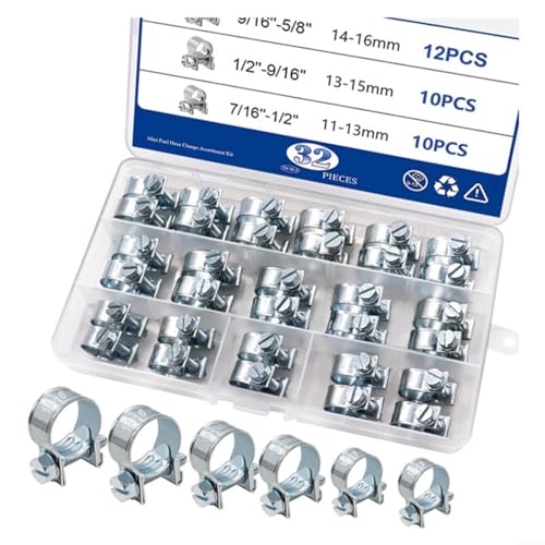 Glewi Fuerte restricción de garganta, 32 abrazaderas de oreja de acero al carbono galvanizado, kit de abrazadera de manguera de perno en T de 11-16 mm para tubería de agua, aceite, gas