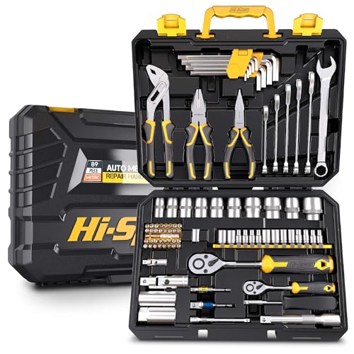 Hi-Spec 89 Pc Mechanic Tool Set with Motorcycle and Car Tools. Includes Hand Tool Kit, Screwdriver and Socket Set, Allen Key, Ratchet and Adjustable Wrench in a Plastic Storage Tool Box
