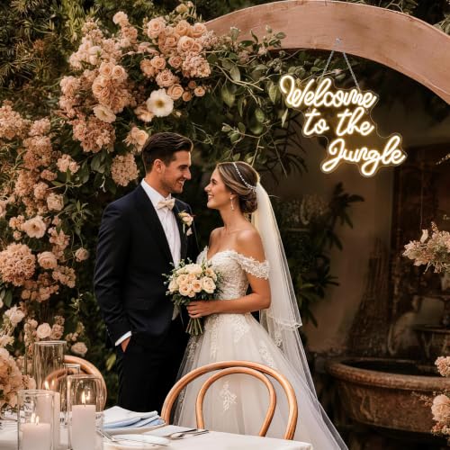 Image of Welcome to the Jungle Neon Sign Warm White Led Word Neon Light Signs for Wall Decor Usb Letter Light Up Sign for Bedroom Nursery Kids Room Garden Home Entryway Front Porch Wedding Birthday | Warm White Neon Sign, Safari Decor for Front Porches and Gardens, Gift for Families and Jungle Theme Fans