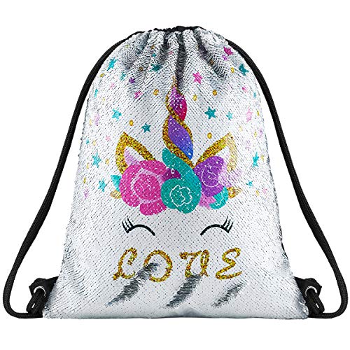 Deeplive Fashion Mermaid Mochila con cordón de Lentejuelas para Exteriores, Bolsa de Hombro mágica Reversible, Bolsa de Baile, Bolsa de Deporte, Love Unicorn Silvery