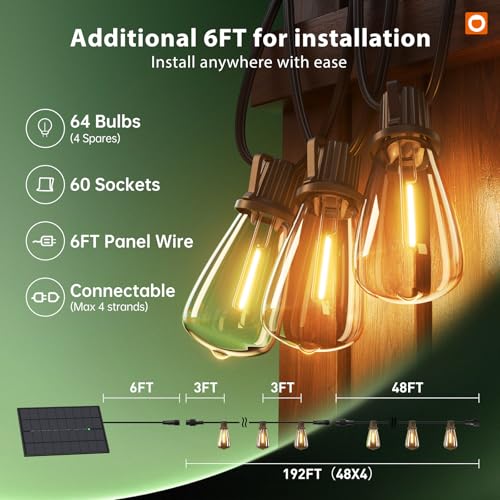 Image of addlon 198FT(192+6) Solar String Lights Outdoor with Remote, Long-Lasting Waterproof Patio Lights, Dimmable & Timable Hanging Solar Light with 60 LED Bulbs for Outside, Yard, Garden, Camping, Gazebo