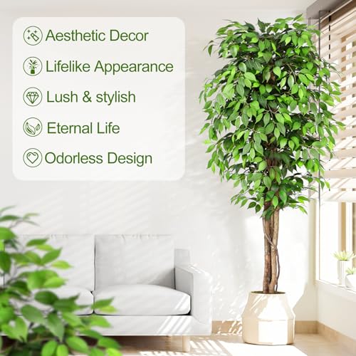 Image of 7ft Large Ficus Artificial Trees with Natural Curved Trunks, 84 inch Tall Lush Faux Tree for Home Decor Indoor, Green Lifelike Fake Ficus Tree Artificial Plants in Pot