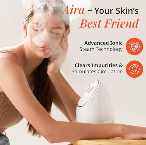 Image of Vanity Planet Aira Ionic Facial Steamer (Beige) - Pore Cleaner that Detoxifies, Cleanses and Moisturizes - Adjustable Nozzle, Water Tank with 3 Essential Oil Baskets