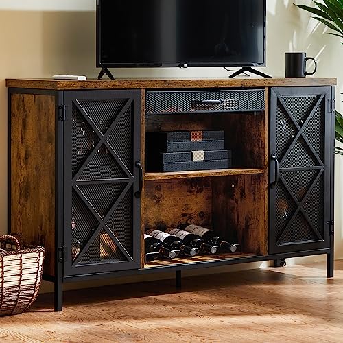 worldchoice Wine Bar Cabinet Wine Cabinet with Drawer Storage Coffee Bar Cabinet Sideboard Buffet Cabinet Retro Industrial for Liquor and Glasses, with Wine Rack and Glass Holder, Rustic Brown
