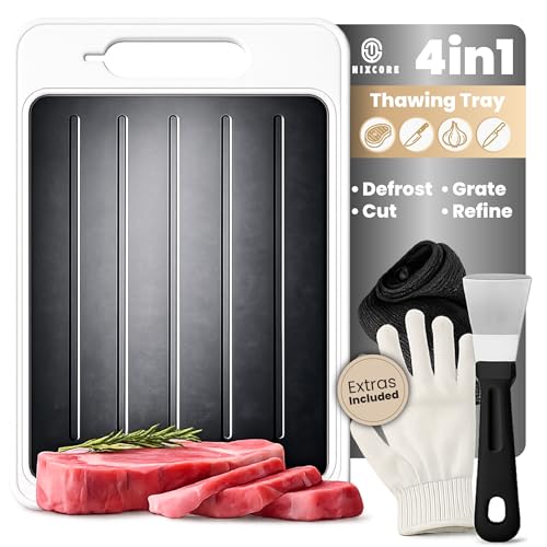 Bandeja de descongelación 4 en 1 para carne congelada, bandeja de descongelación y descongelación con refinador de cuchillos integrado, rallador de ajo y tabla de cortar, antideslizante y apta para