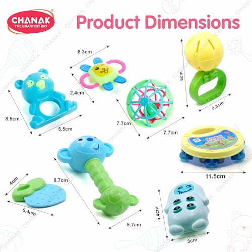 Image of Chanak Silicone;Plastic Baby Kinder Rattle Set for 0-6 Months Old Baby, Non-Toxic, 100% Bpa Free, Infant Grab, Spin & Shake Rattles, Colorful Rattles with 8 Pcs, Bis Approved, Multi,Multicolor
