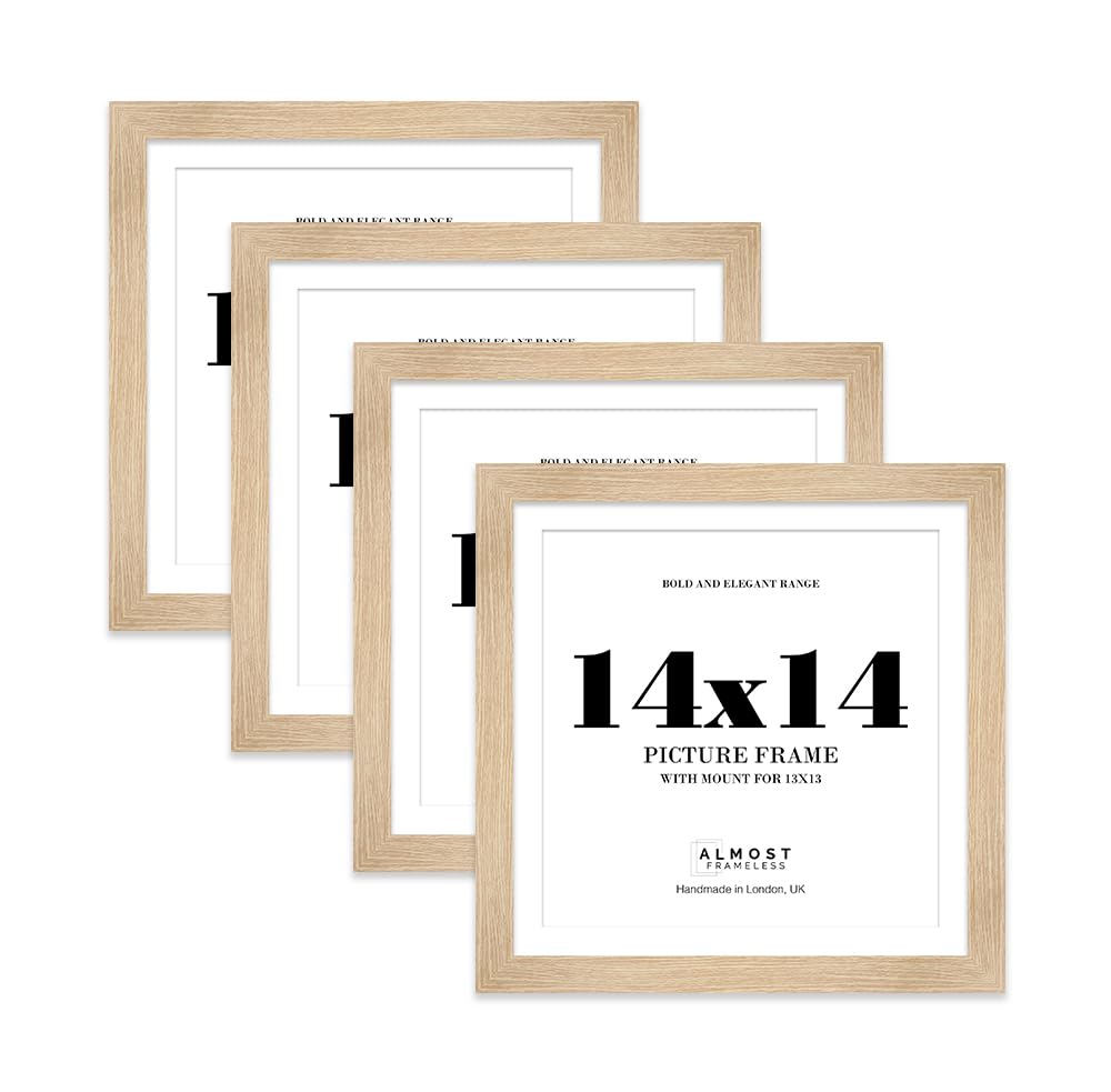 14x14 Oak Square Frame With Mount for 13x13 Pictures 28mm Edge Frame Display with Wall Hooks, 4 Pack