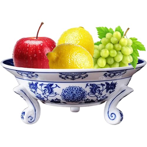 YYMayLsh Decorative Porcelain Fruit Bowl, Blue and White Chinoiserie Design, 10.2x3.9 inches