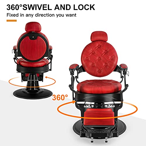 Artist hand Retro Barber Chair Heavy Duty Barber Chairs Vintage Salon Chair Hydraulic Recline Beauty Spa Styling Equipment Rounded Cushioning with Puckered Button (Red) - Image 3