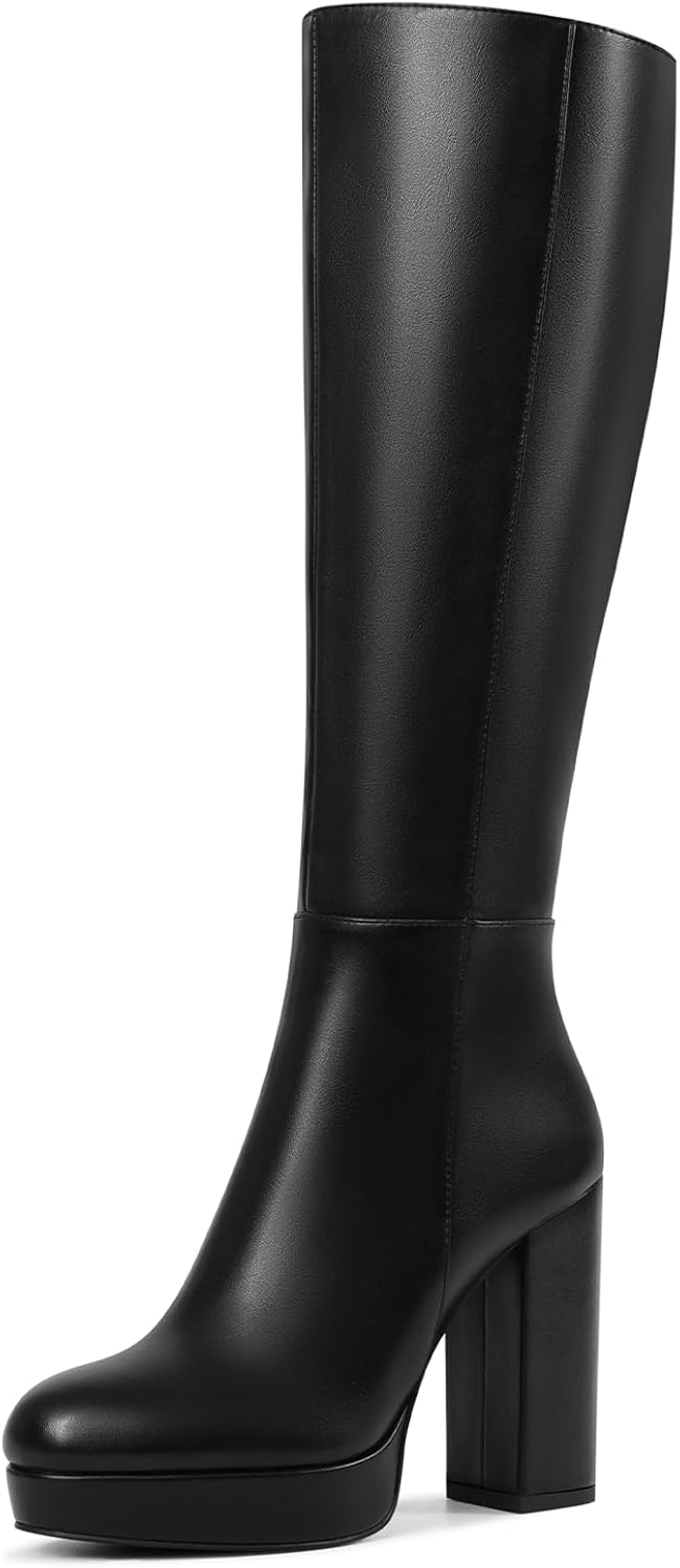 Black Platform Knee High Wide Calf Boots for Women with Chunky Heel Round Toe Side Zipper Tall Long Boots - Image 8