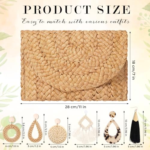 Image of JaGely Women's Straw Clutch Purses and 6 Pairs Rattan Earrings Summer Beach Clutch Handbag Envelope Woven Bag Boho Earrings (Classic), coffee