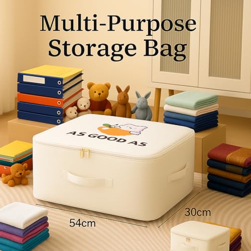 Image of Dustproof & Moisture-proof Storage Bag with Zippered Closure & Handle, Ultra Space Saving Self Compression Organizer, Comforter & Folding Bag for Storing Saree, Clothes (Cream printed, Pack - 1)