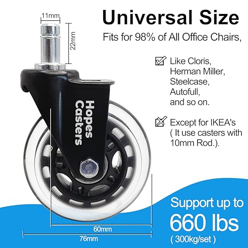 Image of Office Chair Caster Wheels (Set of 5) - Heavy Duty & Safe for All Floors Including Hardwood - Perfect Replacement for Desk Floor Mat - Rollerblade Style w /Universal Fit