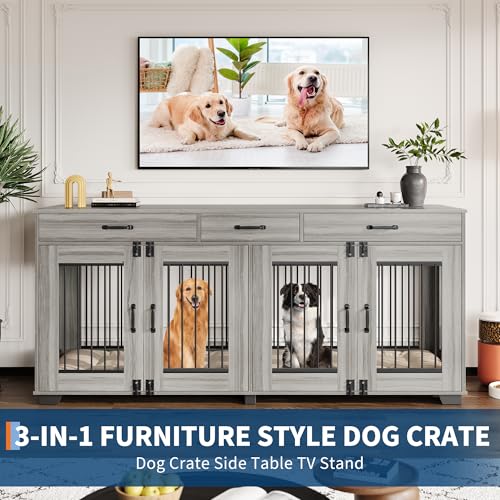 71 Inch Dog Crate Furniture for 2 Rooms, Wooden Double Crate Large Breed with Door, Dog Kennel Indoor, TV Stand End Table with Divider for Large Medium Dogs,Grey