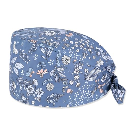 ZUWIJEQ Gorro Quirófano Mujer Hombre, Gorro de Dentista, Gorro de Cirugía, Gorro Quirúrgico Sanitario, Gorra de trabajo, Gorra quirúrgica impresa para médicos y enfermeras, Flores (azul claro)