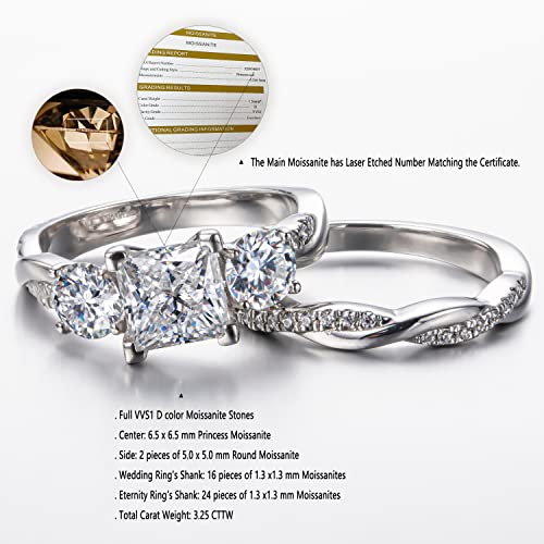 CannyCat 3-Stone Princess Cut Moissanite Wedding Ring Sets for Women Infinity 3.25 carat(ctw) Radiant Moissanite Rings Bridal Set D color Moissanite Anniversary Engagement Ring Set (size-8)2