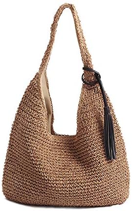 QTKJ Hand-woven Soft Large Straw Shoulder Bag with Black Tassels Boho Straw Handle Tote Retro Summer Beach Bag Rattan Handbag (Brown)