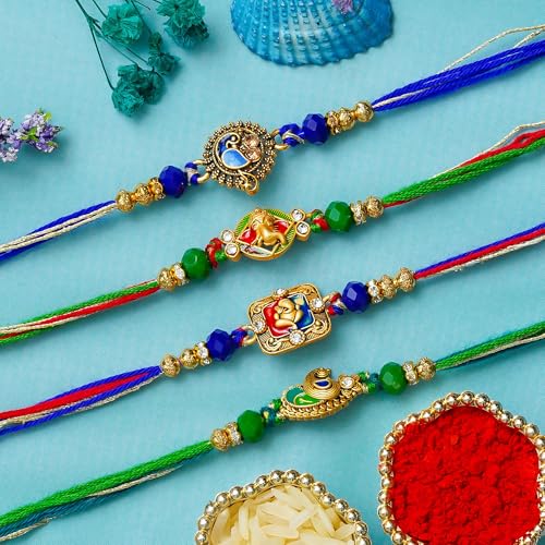 Image of eCraftIndia Set of 4 Lord Ganesha Peacock Krishna & Kalash Designer Rakhis for Brother Bhaiya Bhai | Roli Chawal Pack