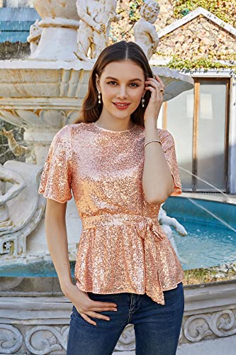 2023 Womens Tie Elastic Waist Tops Short Sleeve Sequin Top Summer Elegant T Shirts Rose Gold 2Xl #TOP3