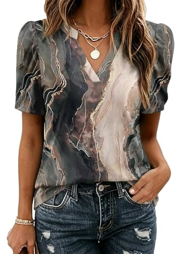 Image of Zeagoo Women Blouses Puff Short Sleeve Tops V Neck Dressy Casual Spring Shirts Boho Floral Cute Clothes 2026