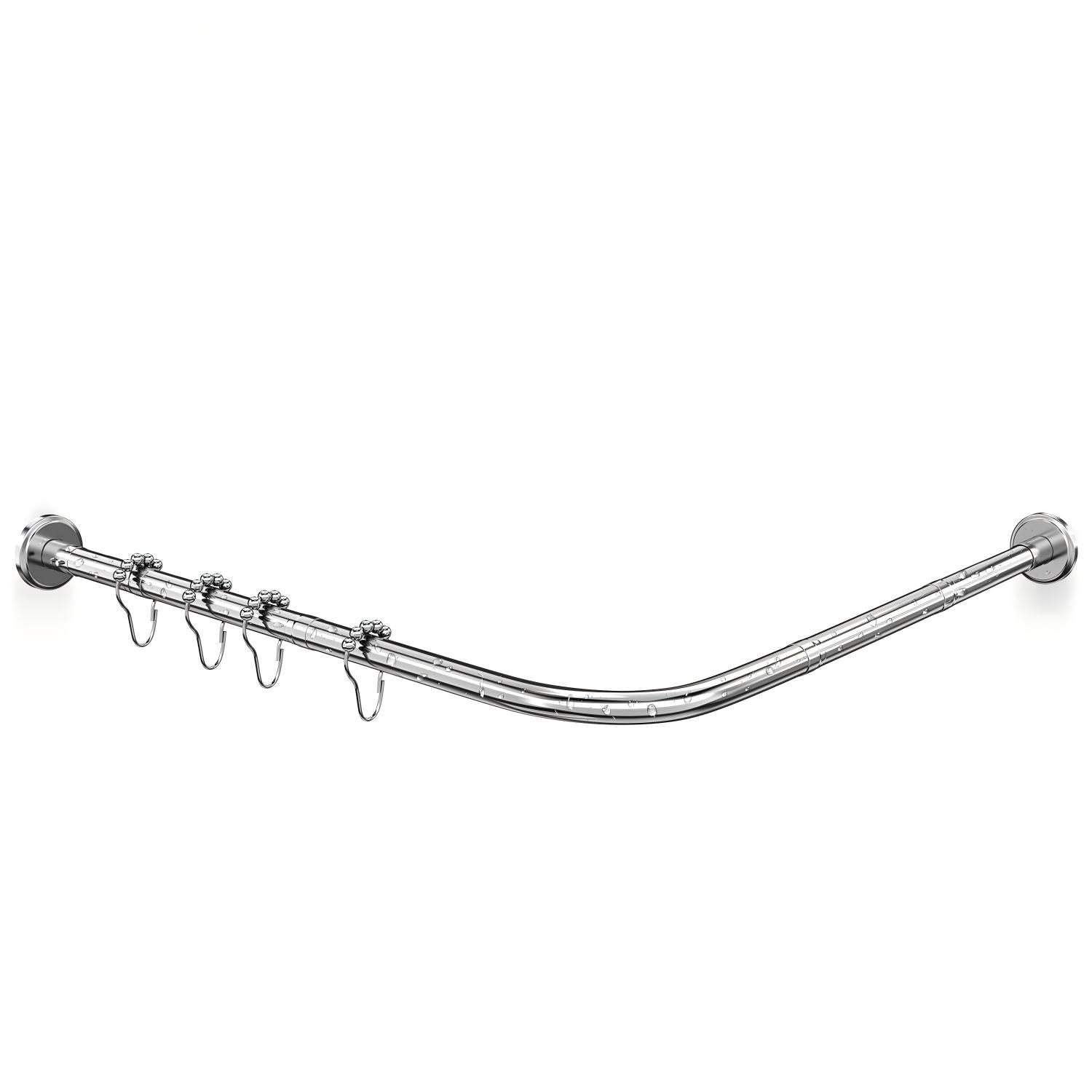 Misounda Shower Curtain Rail Tension Rod Curved L Shaped Extendable No Drill 70-100x90-120cm - Telescopic Adjustable Bathtub Shower Curtain Pole - 304 Stainless Steel - Contains 24 Rings