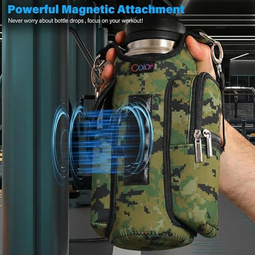Image of icolor Magnetic Gym Bag Water Bottle Carrier Holder with Phone Pockets & Shoulder Strap,Gym Magnetic Bag 5 Built-in Magnets Gym Accessories Organizer Sling Bottle Pouch Sleeve (Neoprene, Camo)