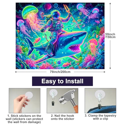 Image of BlissYard Neon Astronaut Shark Black Light Tapestry UV Reactive Psychedelic Underwater Galaxy Wall Hanging for Living Room Bedroom Dorm Room Bar Party Decor 78x59 Inch