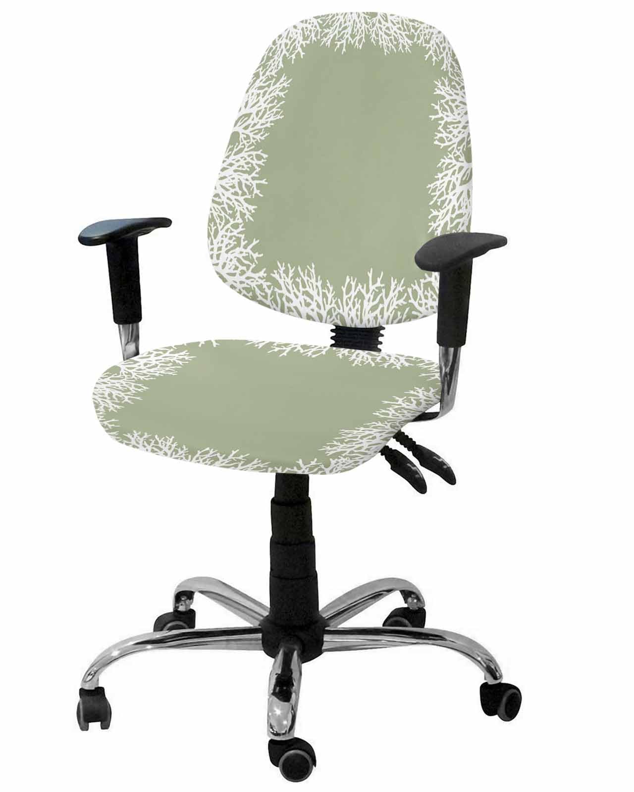 Sage Green Coral 2 Pieces Computer Office Chair Covers Set,Stretchable Desk Rotating Chair Seat Cushion Slipcover Back Covers,Minimalist Coastal Nautical Marine Life Slipcover Back Cover Protector