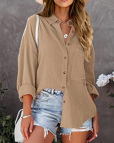 Image of NOLLSOM Casual Shirts for Women Long Sleeve Button Down Blouses Fall 2026 Solid Color Trendy Tops with Pocket