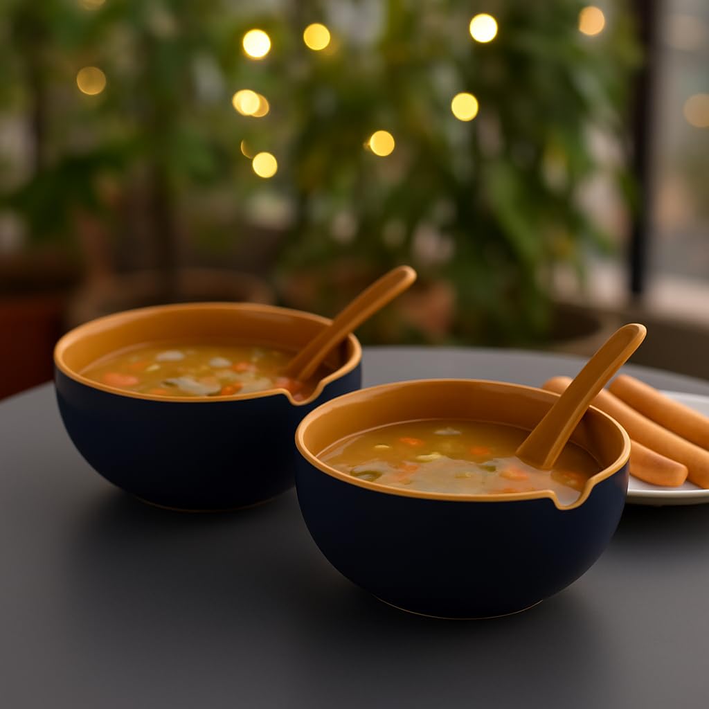 KITTENS Ceramic Soup Bowl & Spoon Set of 4 - Blue & Mustard Hand‑Painted 280 ml | Microwave & Dishwasher Safe | BPA‑Free | Ideal for Soup, Curry, Salad & Gifting 4