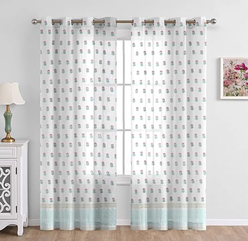 Image of THE LINEN COMPANY Cotton Sheer Printed Curtain for Window Bedroom and Living Roonm Home decor Set of 2 (06 Feet,Mini Bloom)