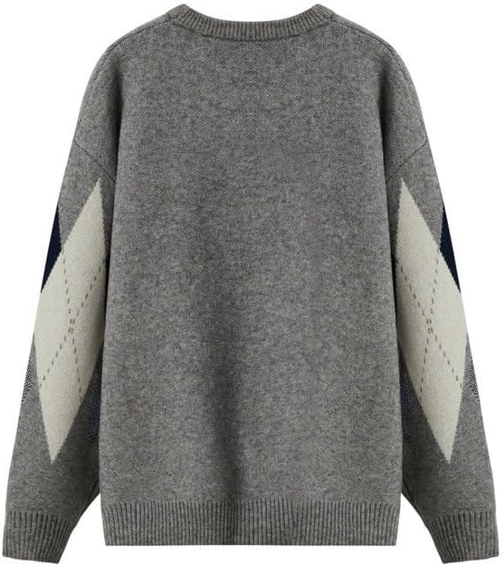 Round Neck Sweater for Men Casual Plaid Loose Long Sleeved Top Knitted Base Sweaters
