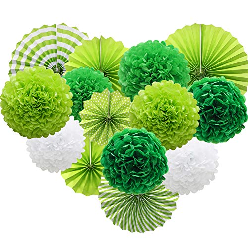 Image of ADLKGG Green St Patricks Day Party Decorations, Hanging Round Paper Fans Pom Poms Flowers for Graduation Wedding Bridal Shower, Golf Themed Birthday, Fiesta Party Indoor Outdoor Accessories