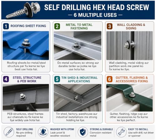 Image of By inchVP INDUSTRIES inch (Pcs-50) No.12x55 mm Hex Head SDS Self-Drilling Roofing Screw - White Zinc Metal-Bonded EPDM Washer for Metal Sheets, Wooden Structures, Roofs, Corrosion & Weather Resistant