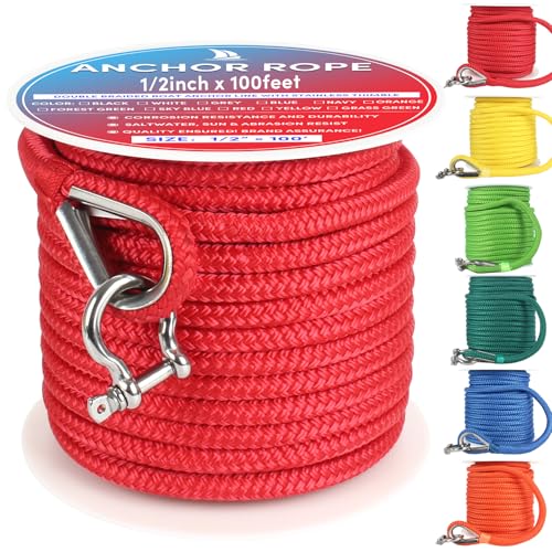 VEITHI Boat Anchor Rope 100 ft x 1/2 inch Red, Double Braided Anchor Line with Stainless Steel Thimble & Shackle, Marine Rope Ideal for Towing,Mooring,Decks,Anchoring,for Boats Up to 35'