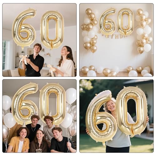 Image of Champagne Gold Large Number 60 Balloon, 40 Inch Light Gold Foil Helium Number Balloons, Giant Mylar Number 60 Balloons for 60 Years Old Birthday Party Anniversary Decorations (Champagne Gold 60)