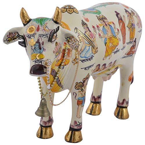 Image of White Kamdhenu Cow with Calf Idol 19cm Marble Finish Handcrafted Polyresin Showpiece Temple Decor Holy Cow Statue Murti for Home Office
