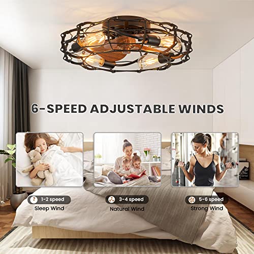 7Pmbeane 21" Caged Ceiling Fans With Lights, Rustic Enclosed Low Profile Ceiling Fan With Lights And Remote, 6 Wind Speeds, Industrial Ceiling Fan With Light For Bedroom, Living Room, 1-4H Timing #TOP6