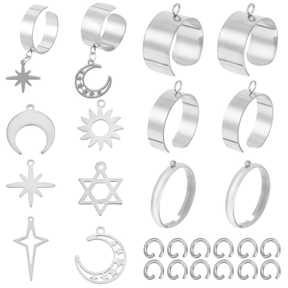 36PCs Bagues Acier Inoxydable Modulables - DIY Bijoux Lune Étoile Cœur