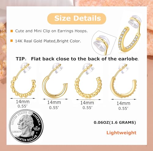 PLOMFOV Clip On Hoop Earrings for Women 14K Gold Plated Non Pierced Earrings Clip On Hoops Small No Piercing Fake Hoop Earrings 14mm3