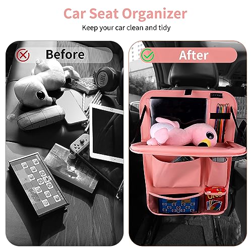 Image of LUCMO Car Backseat Organizer with Foldable Tablet Holder, Pink | 6 Storage Pockets,Foldable Food Tray,Protectors Kick Mats,Travel Accessories,Seat Cover,Road Trip Essentials