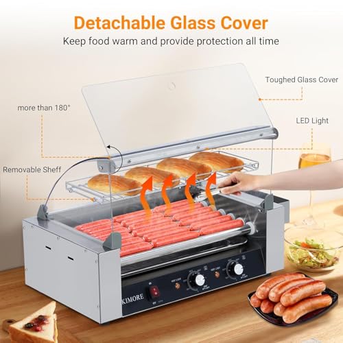 Hot Dog Roller, 18 Hot Dogs 7 Rollers Grill Cooker Machine with Removable Stainless Steel Drip Tray Stainless Steel with Cover, Dual Temp Control, Led Light, Perfect for Commercial and Party
