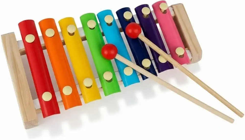 Xilofone Musical Infantil de Madeira com 8 Notas Coloridas, Brinquedo Educativo com 2 Baquetas, Estimula Coordenação Motora e Percepção Auditiva, para Crianças a partir de 3 Anos