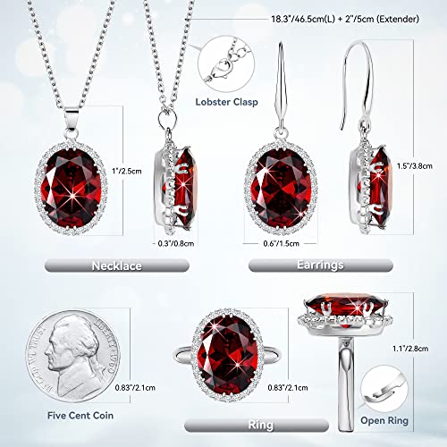 Linawe Ruby Red Silver Jewelry Set Earrings Necklace Set Adjustable Open Ring Rhinestone Cubic Zirconia Oval Diamond Crystal Bridesmaid Bridal Burgundy Jewelry Costume Women Gift Mom Wife Her Mother #TOP3