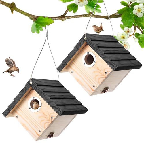 Dreyoo 2 Pack Wren House 1-1/8 Entrance Hole Hanging Wooden Wren Bird Houses for Outside with Metal Guard Air Vents Pine Wood for Chickadees (Black Wood Color)