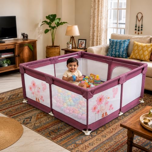 Image of Kids Station 180 x 150cm Playpen for Baby up to 5 Years, Portable Baby Activity Playards for Toddlers, Play Pen Fence with Zipper Door & Anti-Fall Grasp Rings (Non-Foldable Without Mattress) - Maroon
