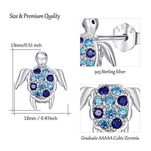 925 Sterling Silver Turtle Studs Earrings with Graduated Blue Cubic Zirconia, Sea Tortoise Nautical Jewelry Mother Day for Women Mom Wife Girlfriend with Box3