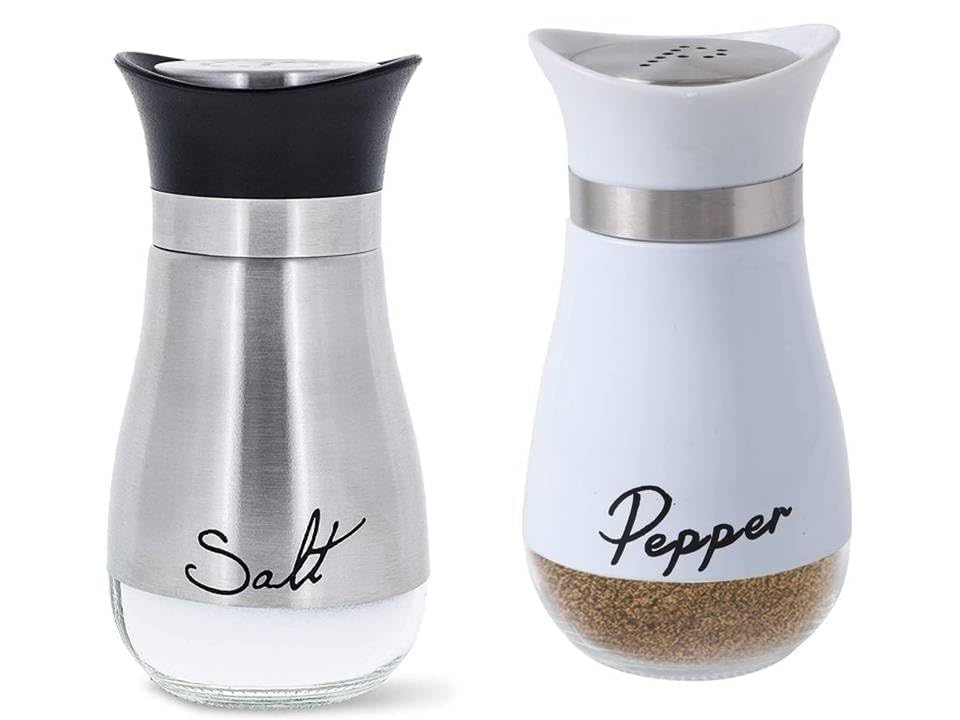 Image of Afrodite Salt and Pepper Shakers Set, Stainless Steel Salt and Pepper Sprinkler for Restaurant with Glass Bottom, Spice Dispenser Ideal for Himalayan, Kosher, Black and White Pepper (Clear + Gold)